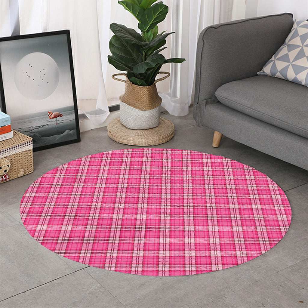 Pink And White Tartan Pattern Print Round Rug