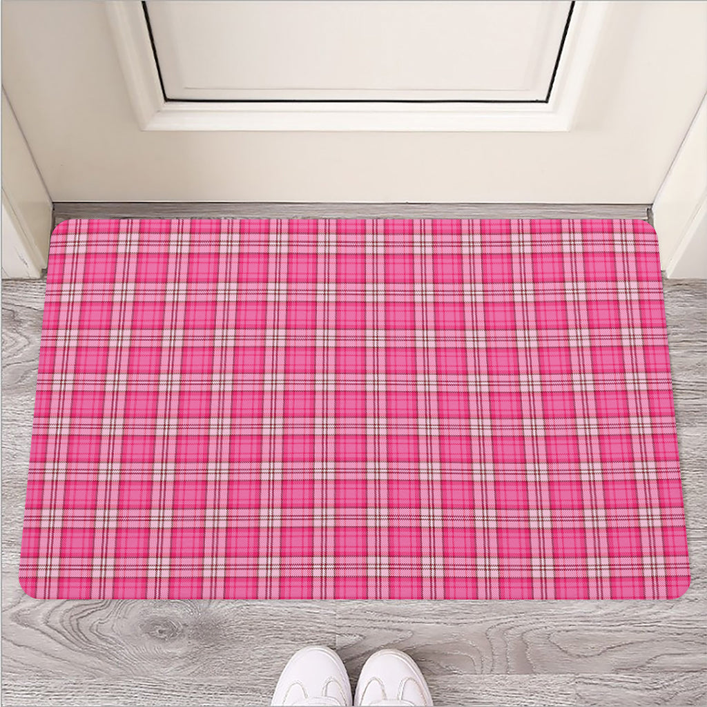 Pink And White Tartan Pattern Print Rubber Doormat
