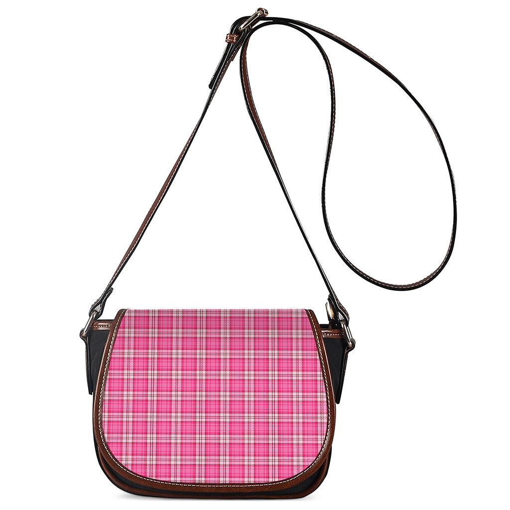 Pink And White Tartan Pattern Print Saddle Bag