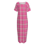 Pink And White Tartan Pattern Print Short Sleeve Long Nightdress