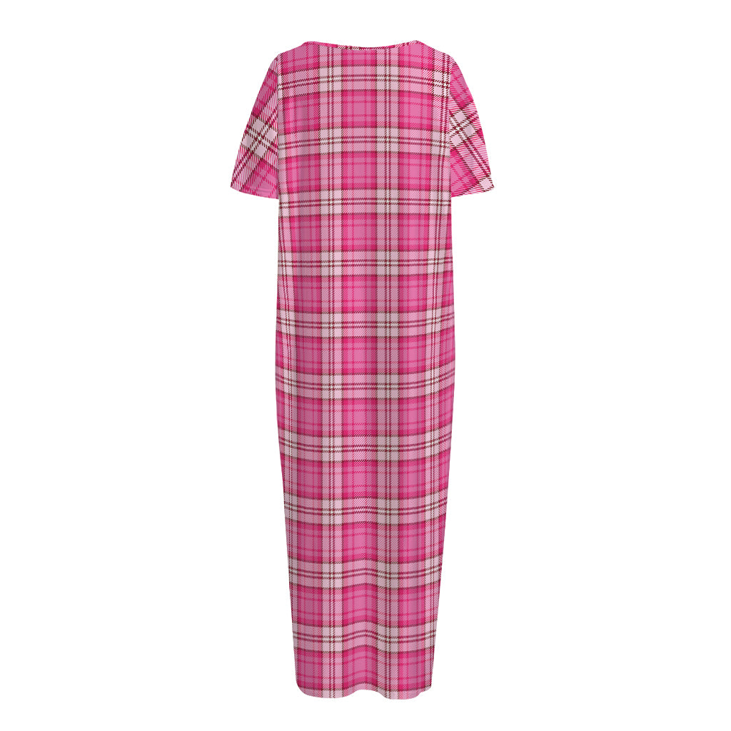 Pink And White Tartan Pattern Print Short Sleeve Long Nightdress
