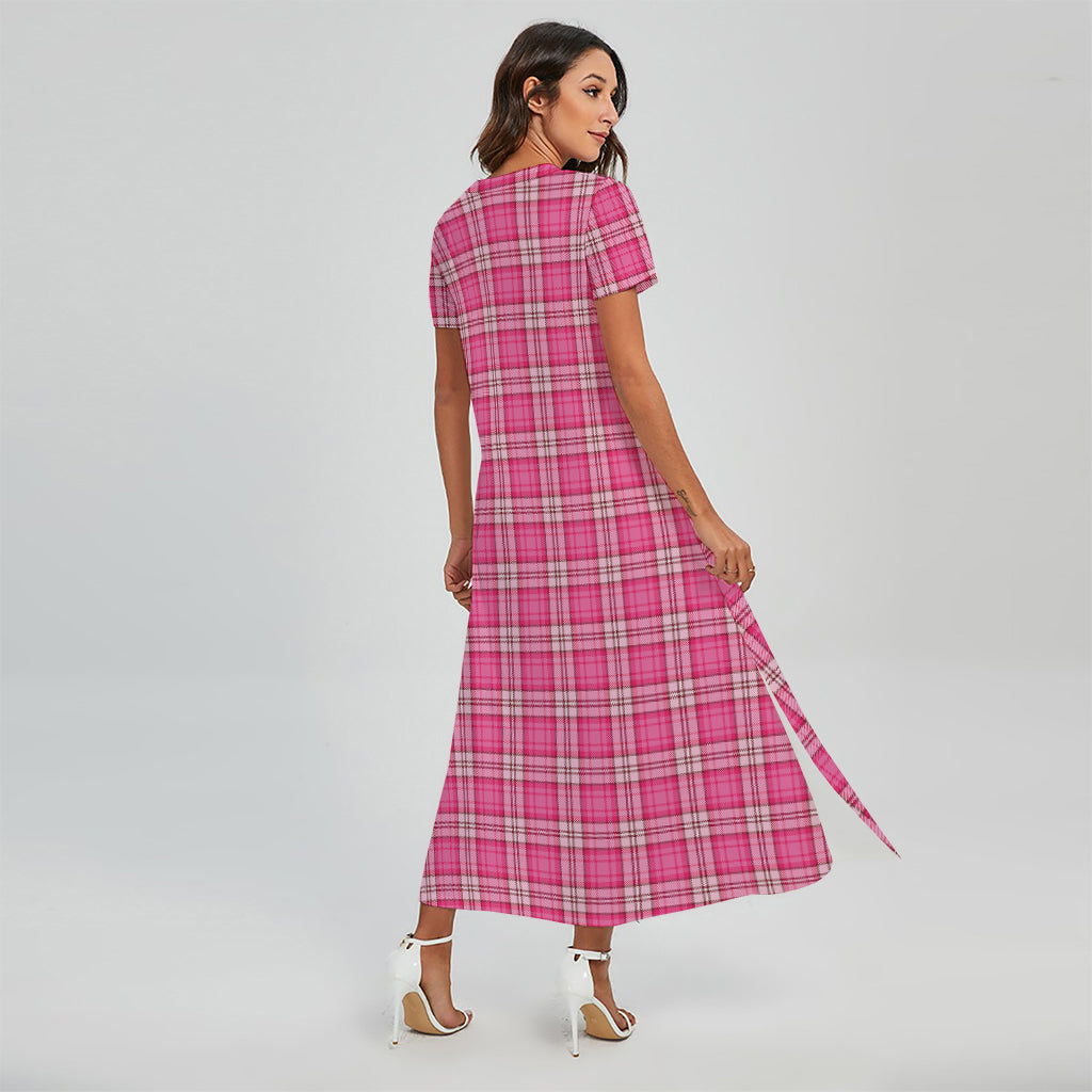 Pink And White Tartan Pattern Print Short Sleeve Maxi Dress