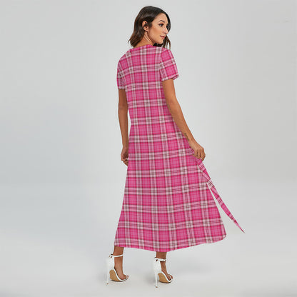 Pink And White Tartan Pattern Print Short Sleeve Maxi Dress