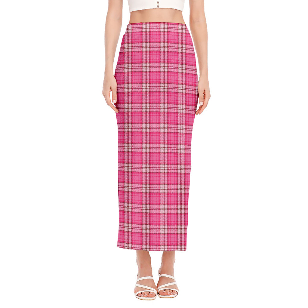 Pink And White Tartan Pattern Print Side Slit Maxi Skirt