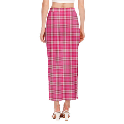 Pink And White Tartan Pattern Print Side Slit Maxi Skirt