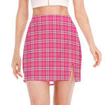 Pink And White Tartan Pattern Print Side Slit Mini Skirt