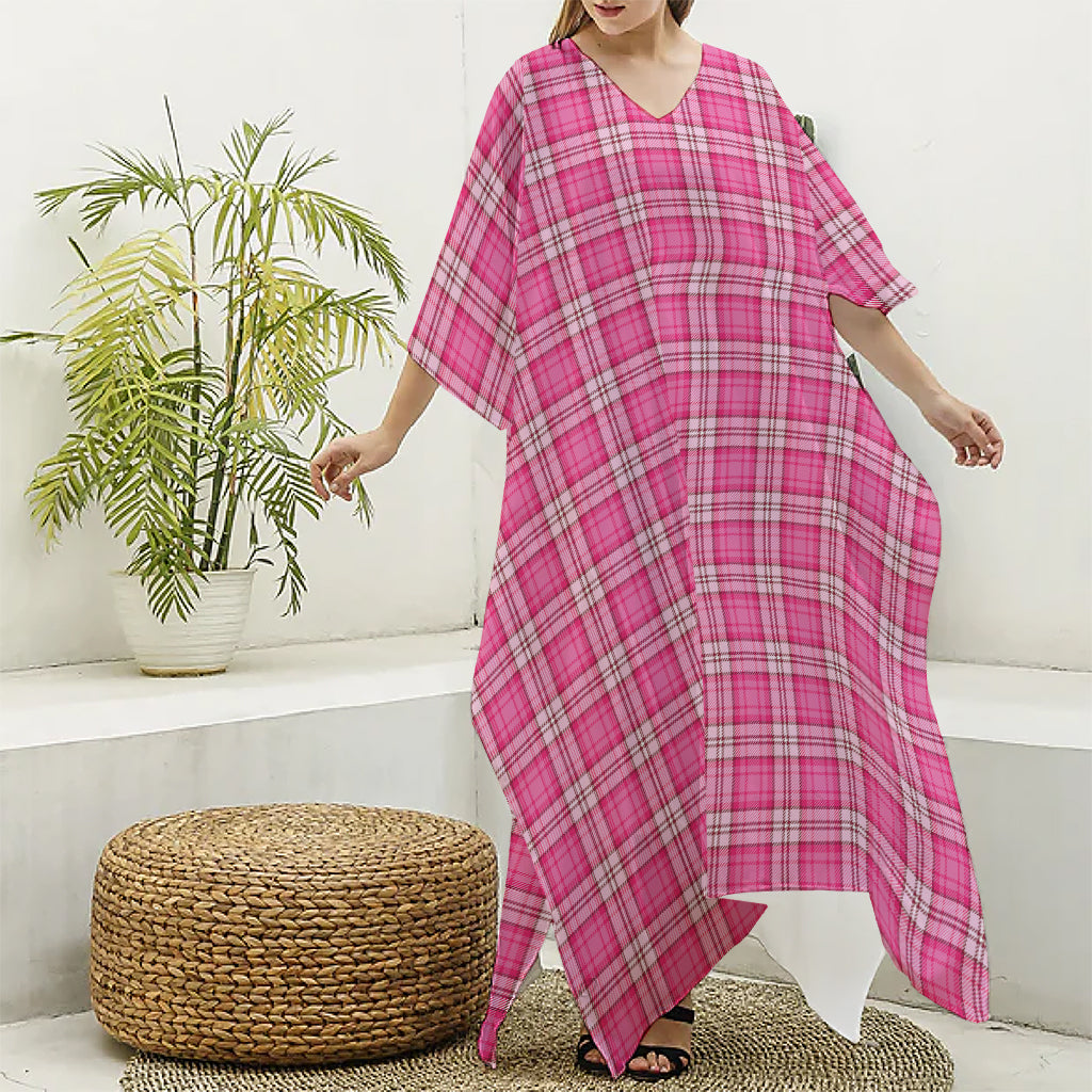 Pink And White Tartan Pattern Print Silk V-Neck Kaftan Dress