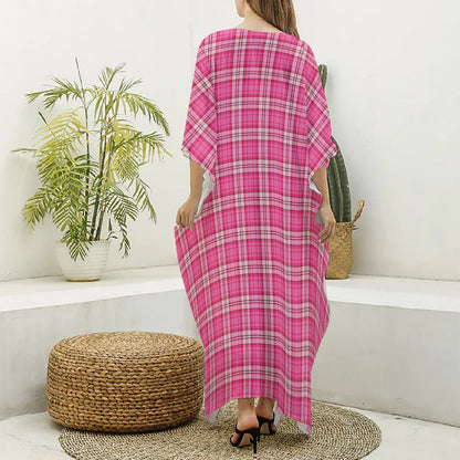 Pink And White Tartan Pattern Print Silk V-Neck Kaftan Dress