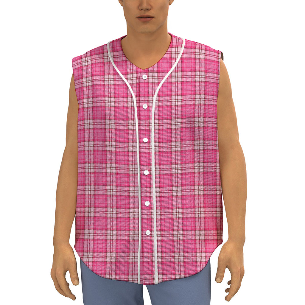 Pink And White Tartan Pattern Print Sleeveless Baseball Jersey