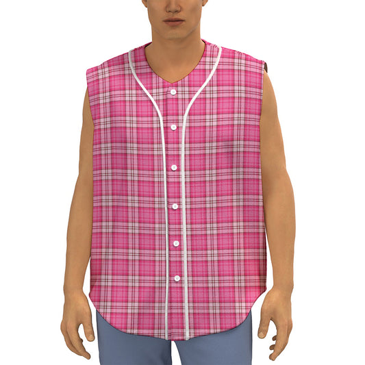 Pink And White Tartan Pattern Print Sleeveless Baseball Jersey
