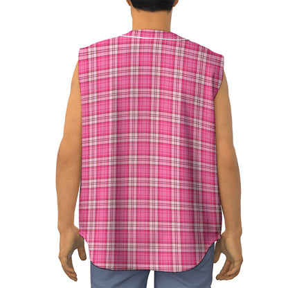 Pink And White Tartan Pattern Print Sleeveless Baseball Jersey