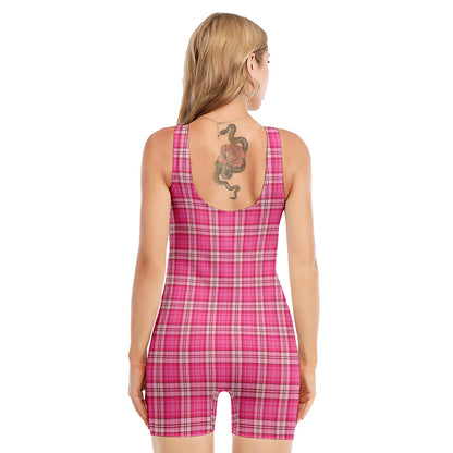 Pink And White Tartan Pattern Print Sleeveless One Piece Swimsuit