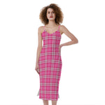 Pink And White Tartan Pattern Print Slim Fit Midi Cami Dress