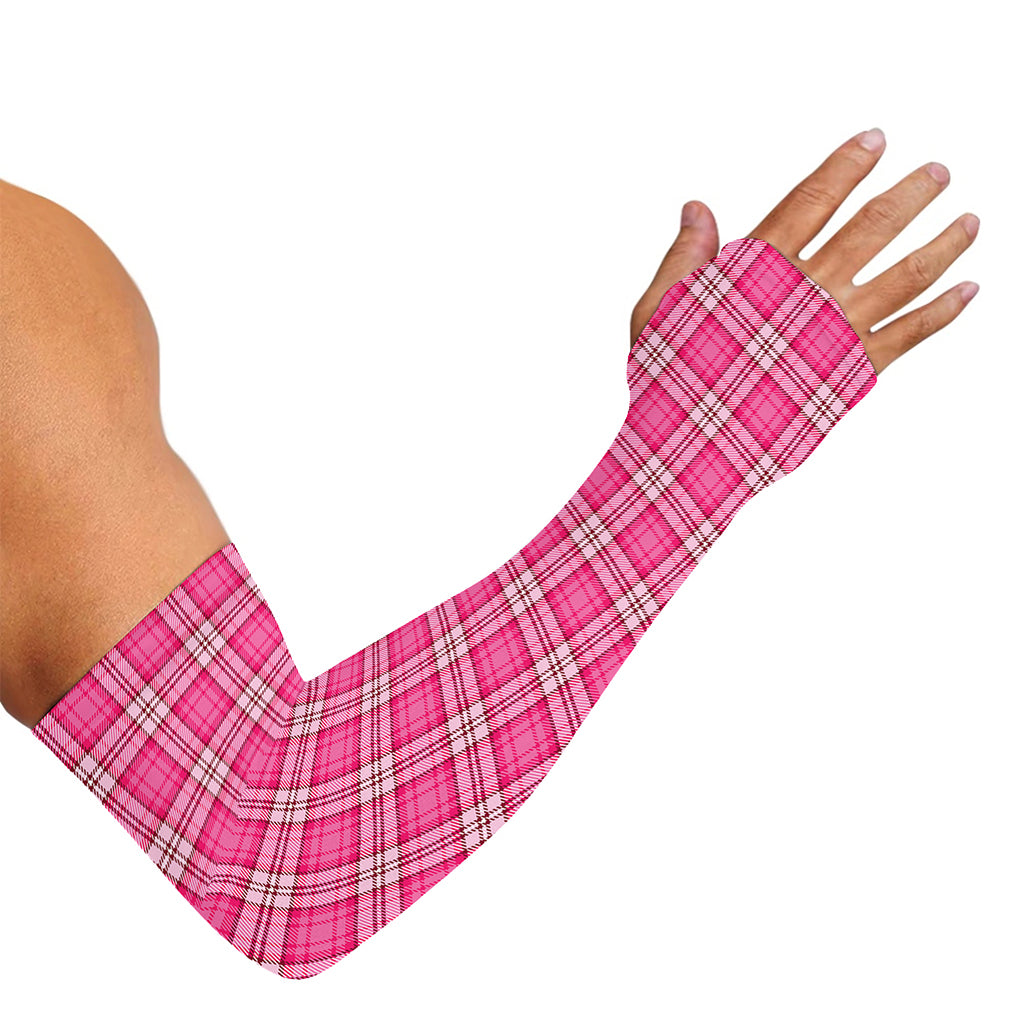 Pink And White Tartan Pattern Print Sun Protection Arm Sleeves