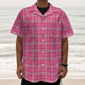 Pink And White Tartan Pattern Print Textured Short Sleeve Shirt