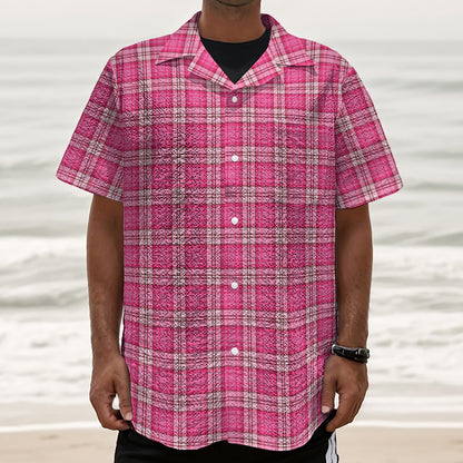 Pink And White Tartan Pattern Print Textured Short Sleeve Shirt