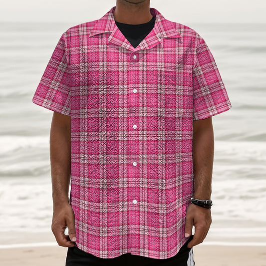 Pink And White Tartan Pattern Print Textured Short Sleeve Shirt