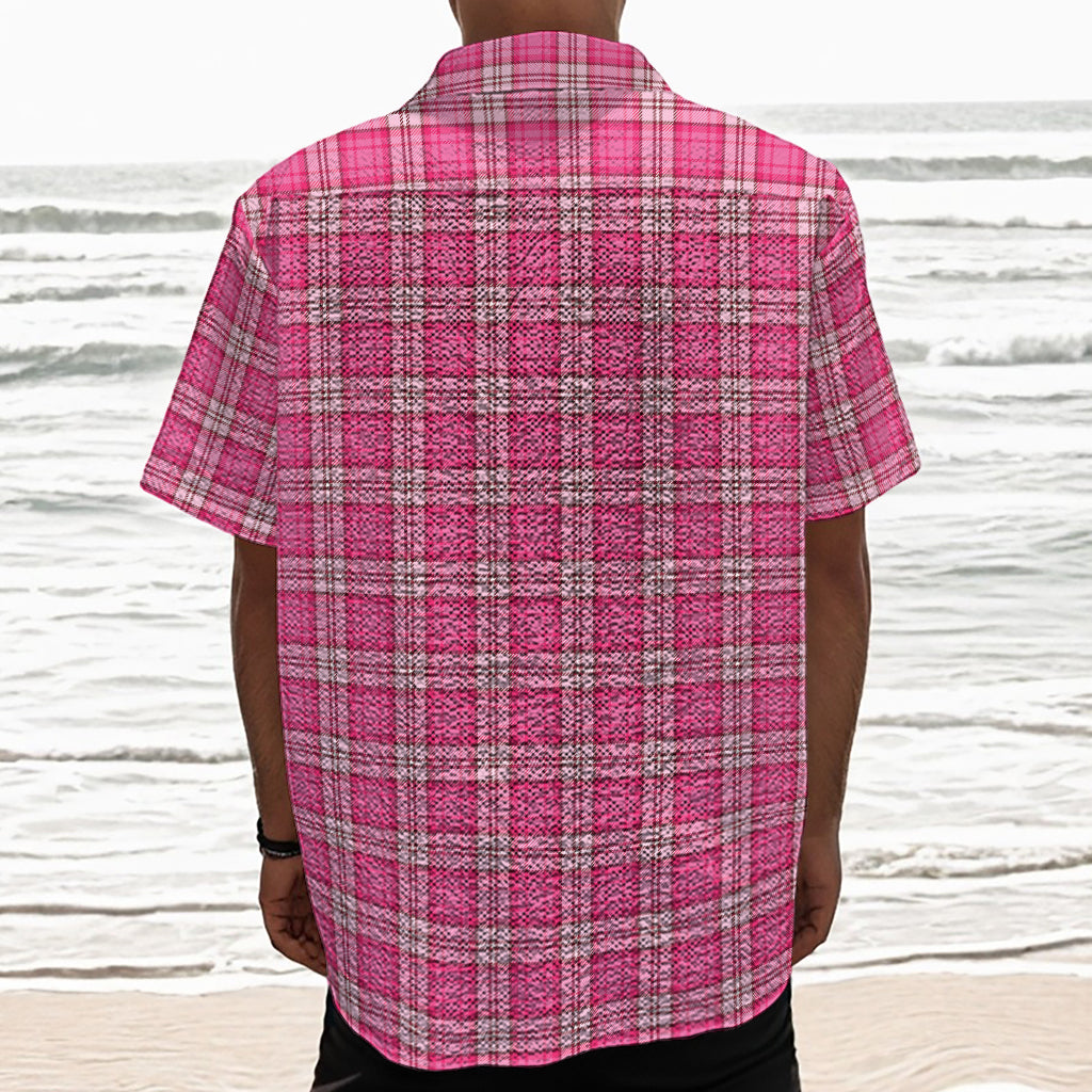 Pink And White Tartan Pattern Print Textured Short Sleeve Shirt