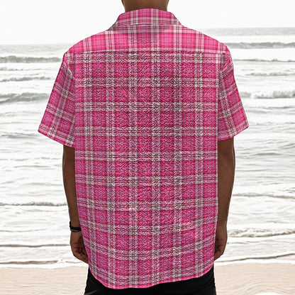 Pink And White Tartan Pattern Print Textured Short Sleeve Shirt