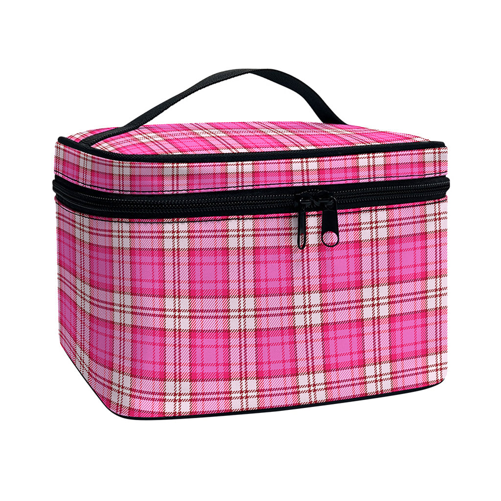 Pink And White Tartan Pattern Print Travel Makeup Bag
