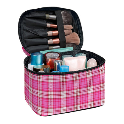 Pink And White Tartan Pattern Print Travel Makeup Bag
