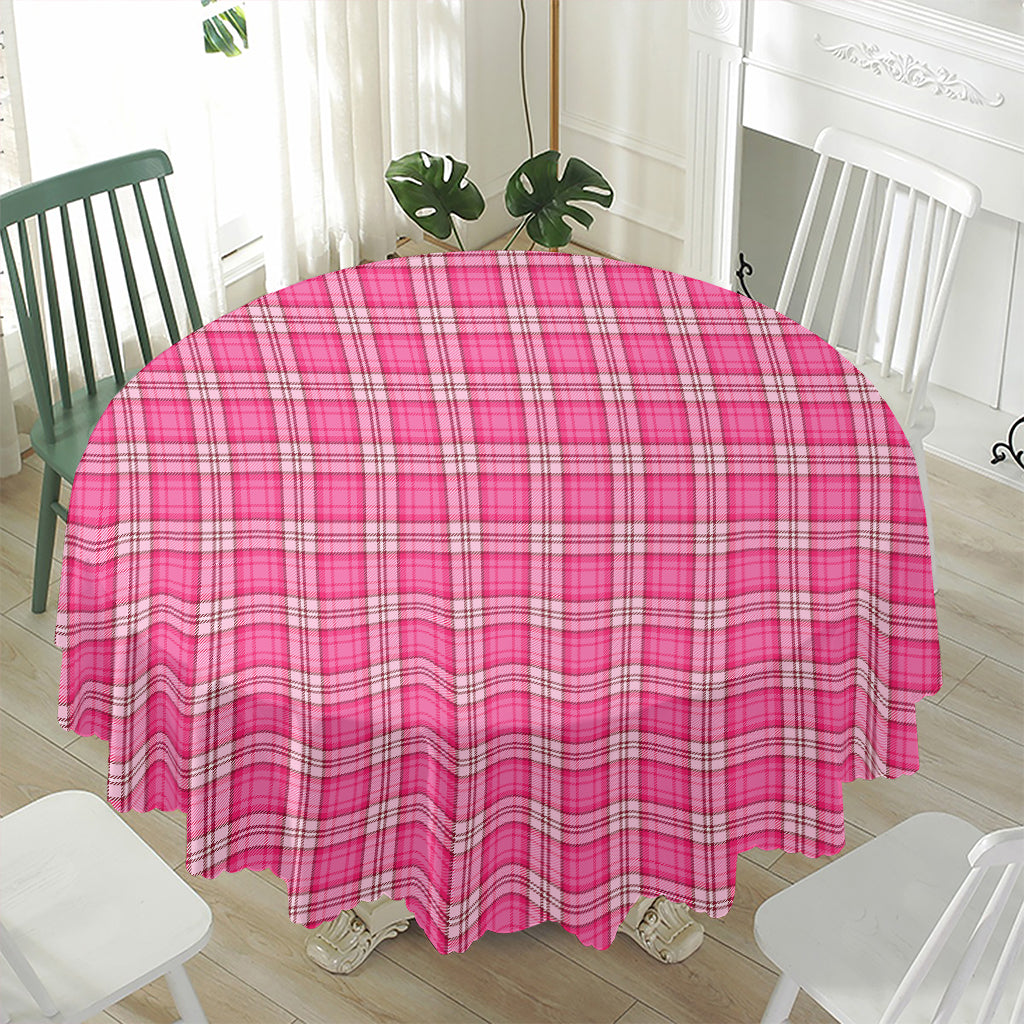 Pink And White Tartan Pattern Print Waterproof Round Tablecloth