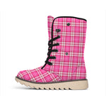 Pink And White Tartan Pattern Print Winter Boots