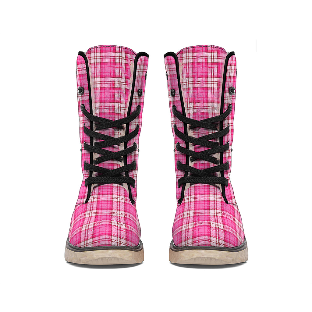 Pink And White Tartan Pattern Print Winter Boots