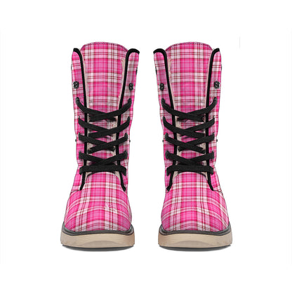 Pink And White Tartan Pattern Print Winter Boots