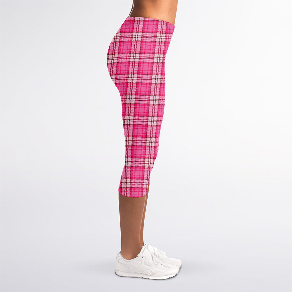 Pink And White Tartan Pattern Print Women's Capri Leggings