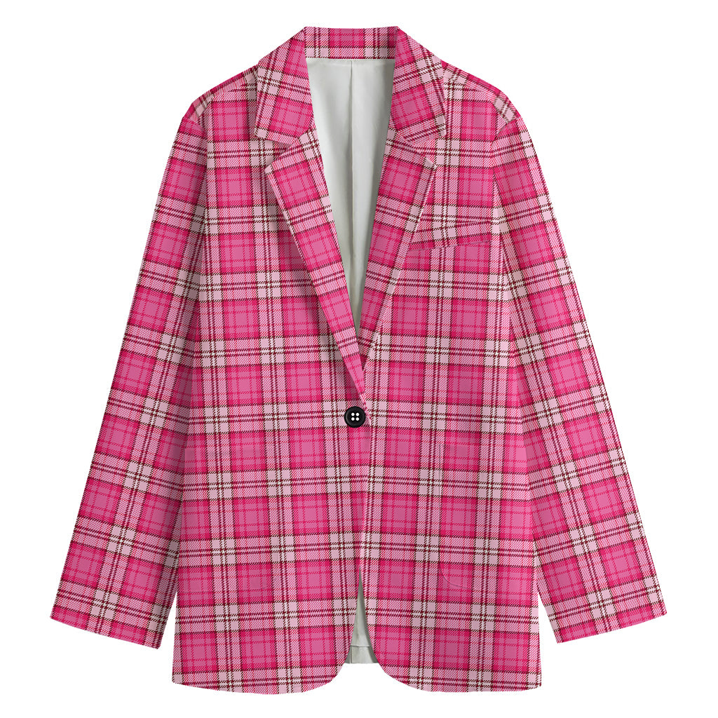Pink And White Tartan Pattern Print Women's Cotton Blazer