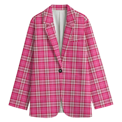 Pink And White Tartan Pattern Print Women's Cotton Blazer