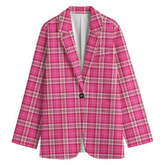 Pink And White Tartan Pattern Print Women's Cotton Blazer