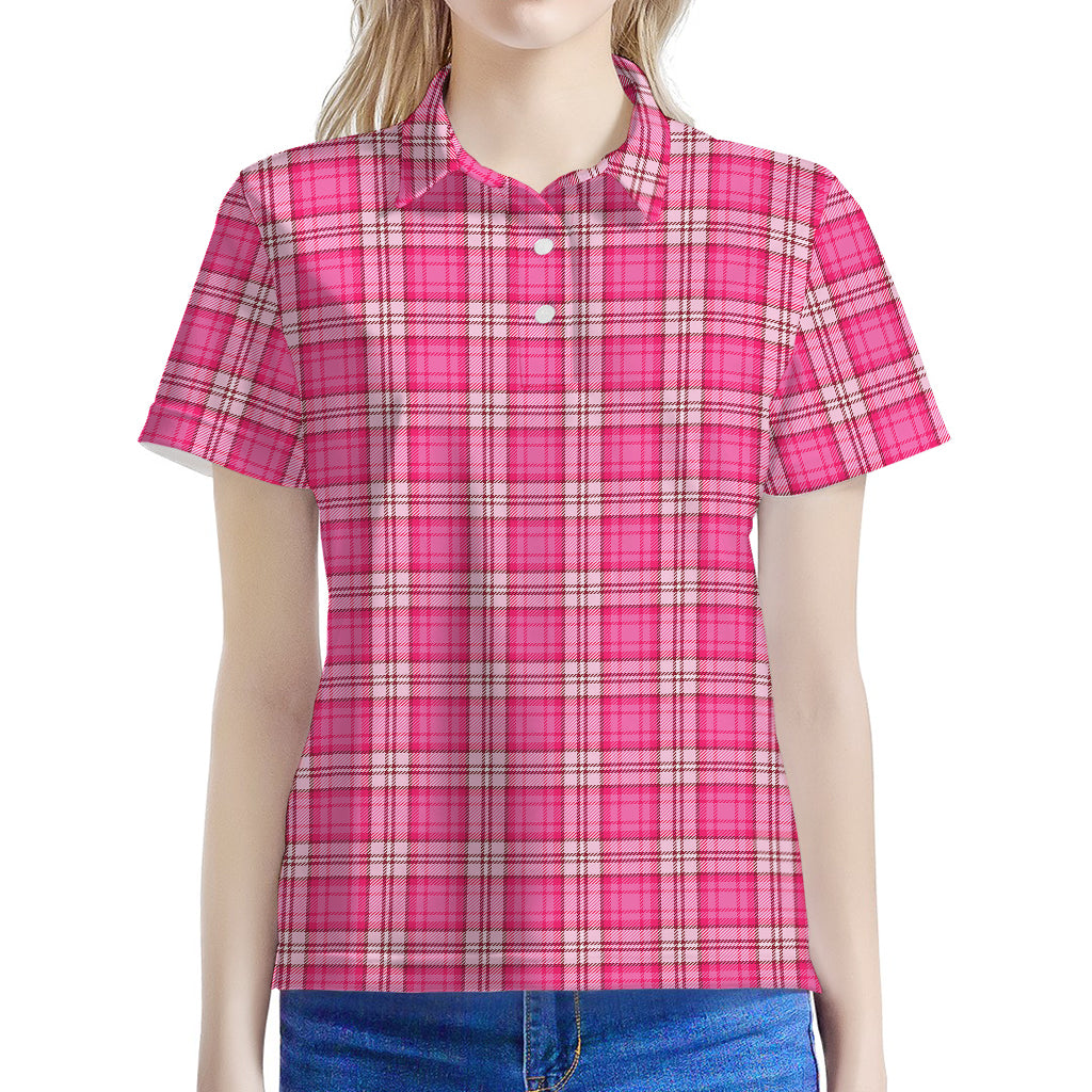 Pink And White Tartan Pattern Print Women's Polo Shirt