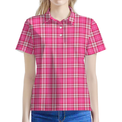Pink And White Tartan Pattern Print Women's Polo Shirt
