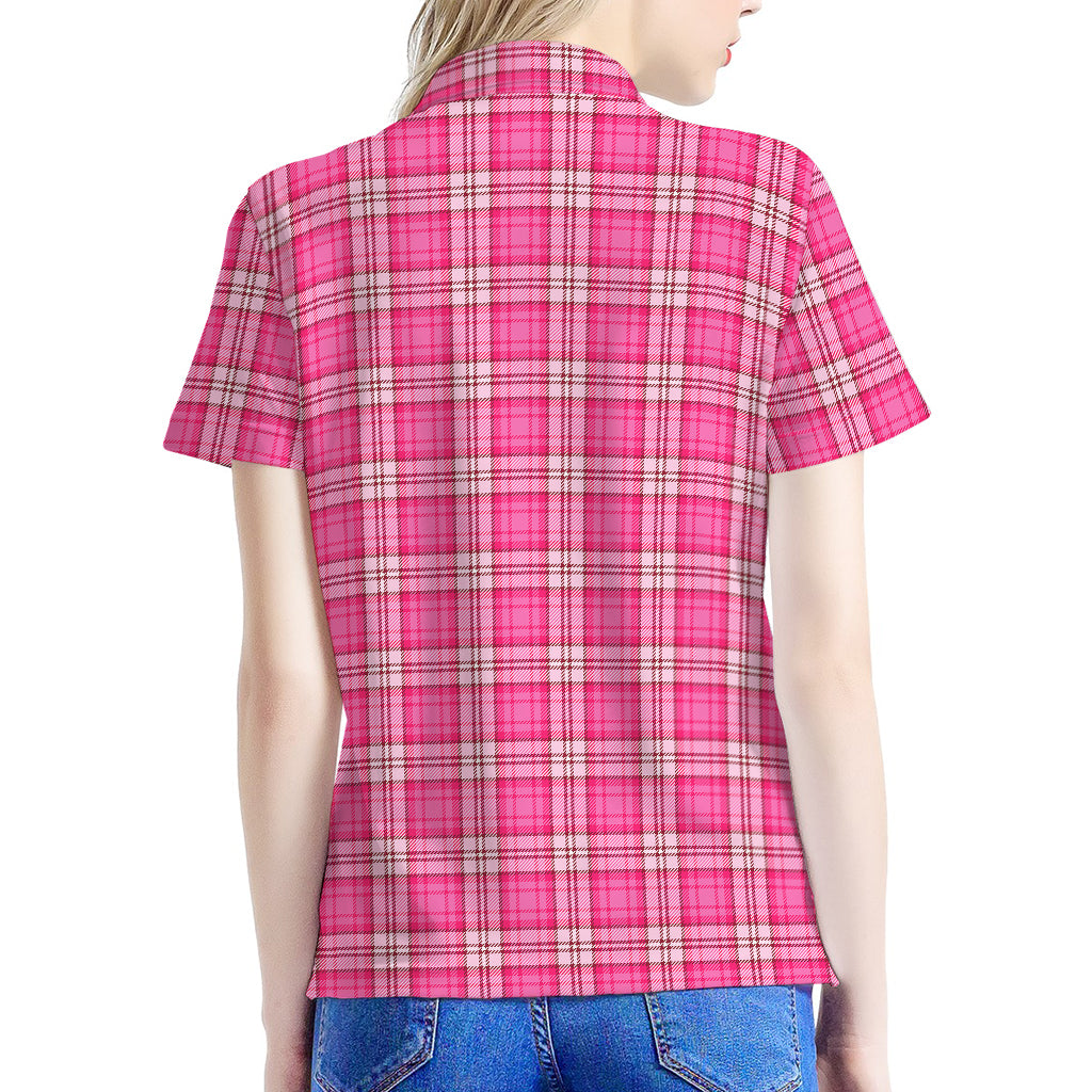 Pink And White Tartan Pattern Print Women's Polo Shirt