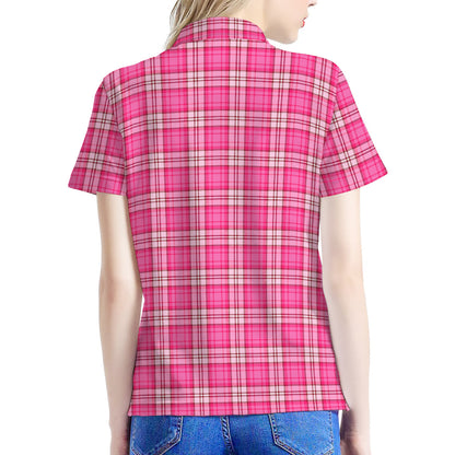Pink And White Tartan Pattern Print Women's Polo Shirt