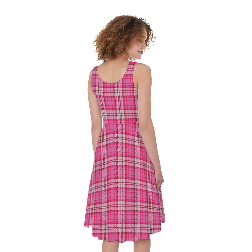 Pink And White Tartan Pattern Print Women's Sleeveless Dress