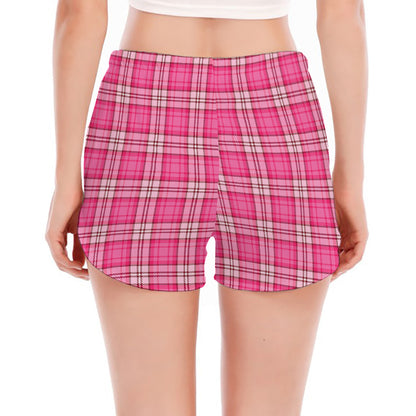 Pink And White Tartan Pattern Print Women's Split Running Shorts