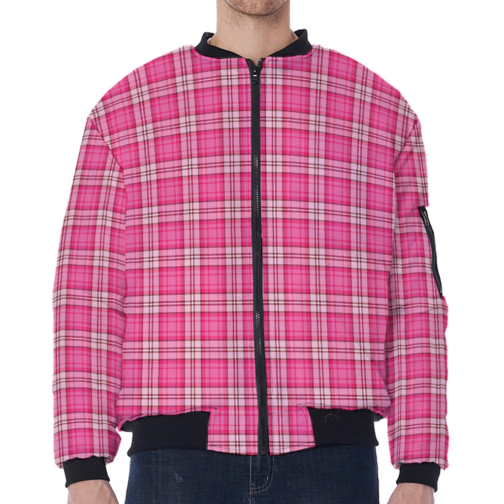 Pink And White Tartan Pattern Print Zip Sleeve Bomber Jacket