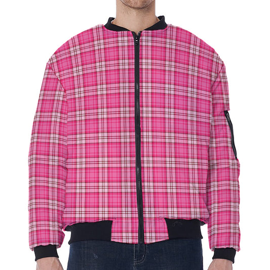 Pink And White Tartan Pattern Print Zip Sleeve Bomber Jacket