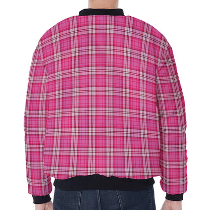 Pink And White Tartan Pattern Print Zip Sleeve Bomber Jacket