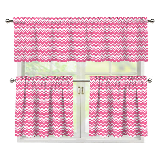 Pink And White Zigzag Pattern Print 3 Piece Kitchen Curtains