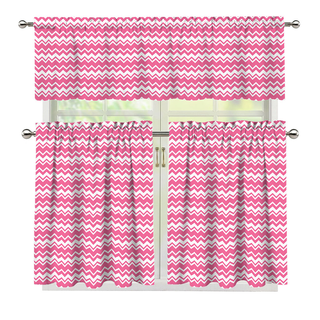 Pink And White Zigzag Pattern Print 3 Piece Kitchen Curtains