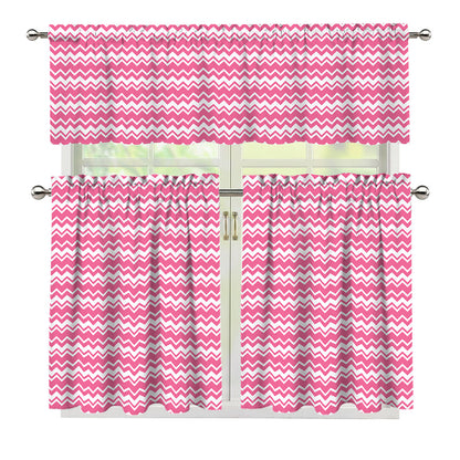 Pink And White Zigzag Pattern Print 3 Piece Kitchen Curtains