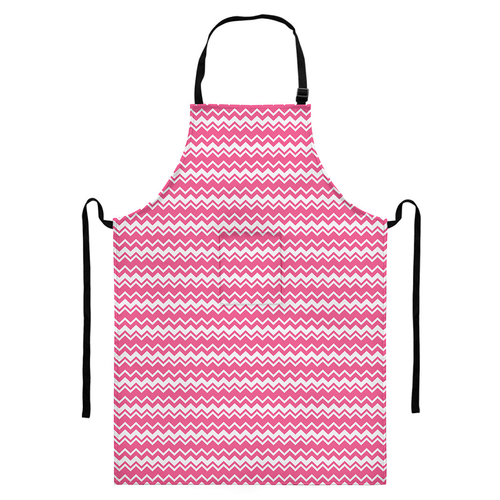 Pink And White Zigzag Pattern Print Bib Apron With Pocket