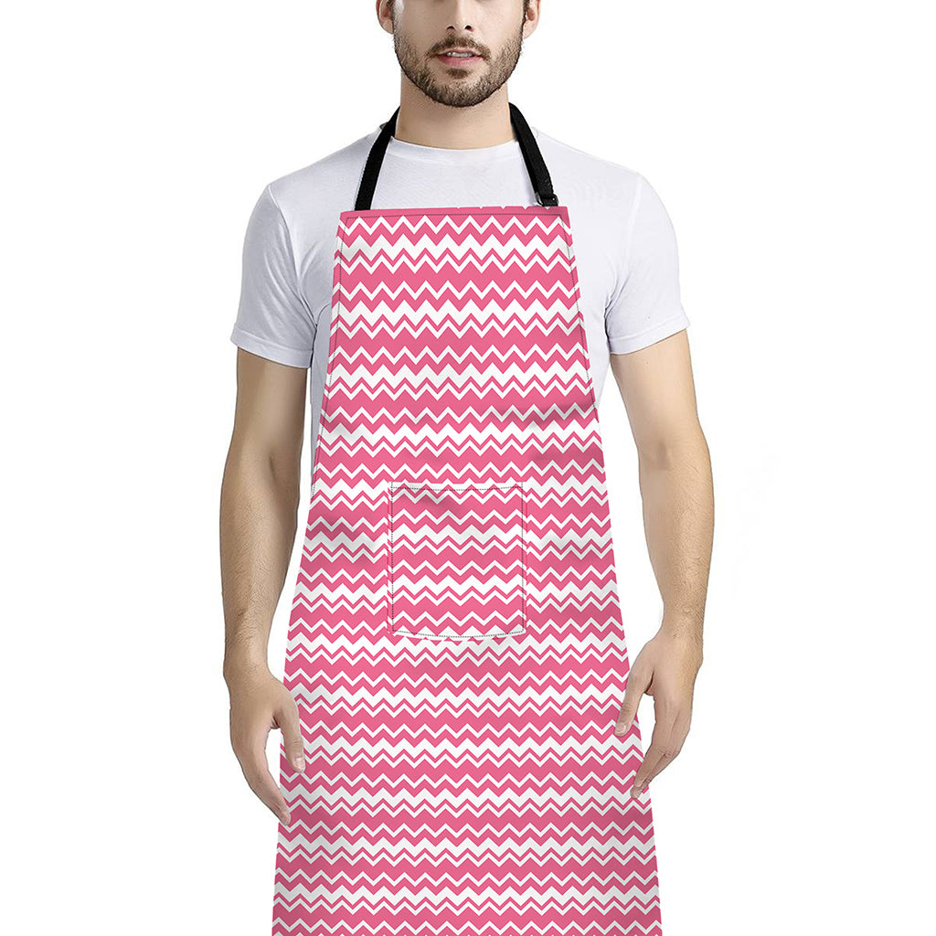 Pink And White Zigzag Pattern Print Bib Apron With Pocket