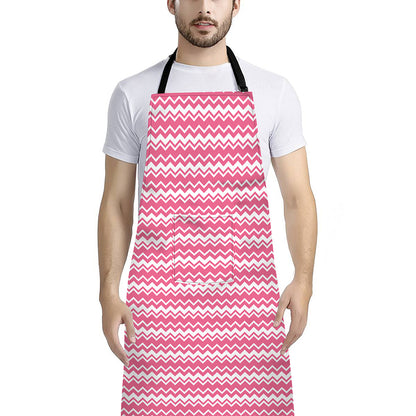 Pink And White Zigzag Pattern Print Bib Apron With Pocket