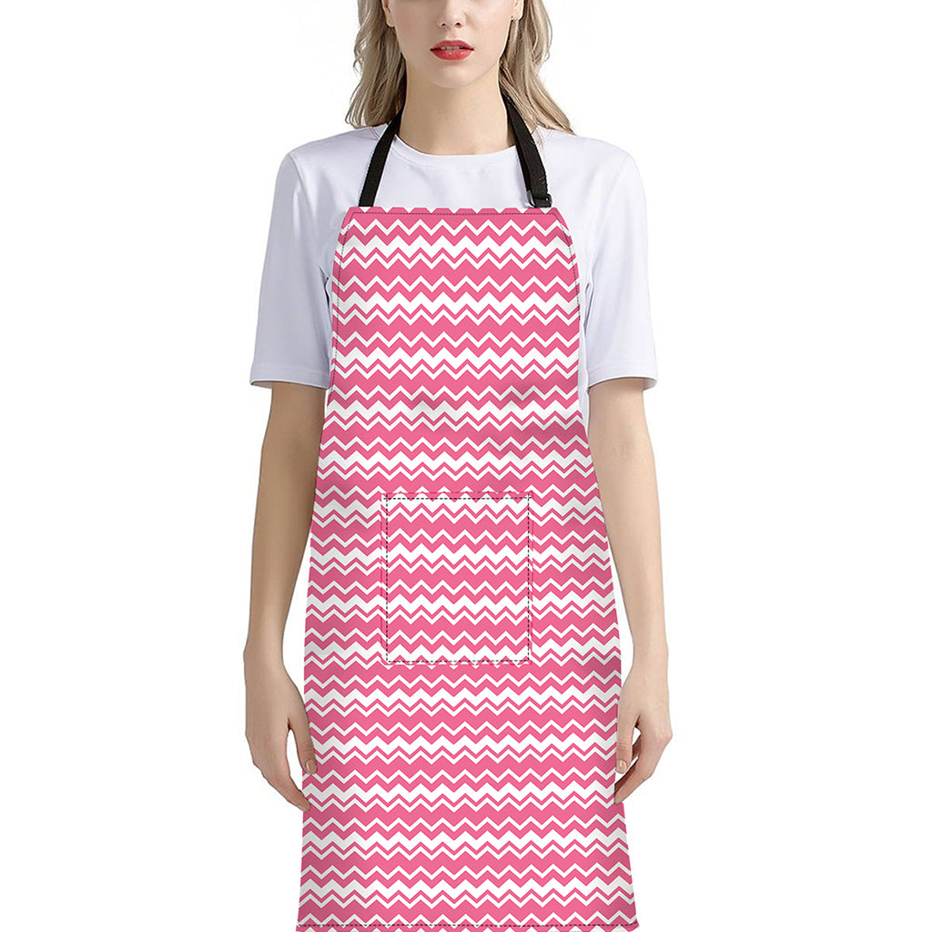 Pink And White Zigzag Pattern Print Bib Apron With Pocket