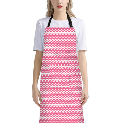 Pink And White Zigzag Pattern Print Bib Apron With Pocket